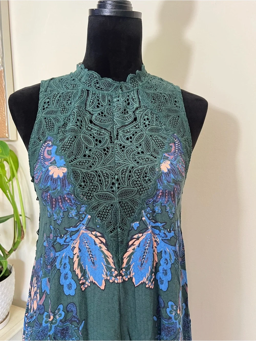 Free People Marsha Teal Green Lace Mock Neck Mini Slip Dress Tunic Size S